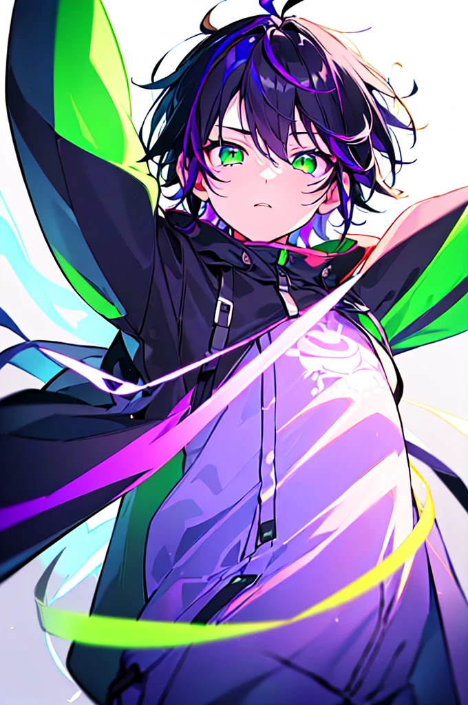 [(WHITE BACKGROUND:1.5),::5], ((((masterpiece)))), high quality, ultra very high resolution, full color, (((solo))), ((little boy)), black hair, ((purple streaked hair)), (green eyes), anime, ((upper body)), neon light, black parka, (green flame effect:1.2)