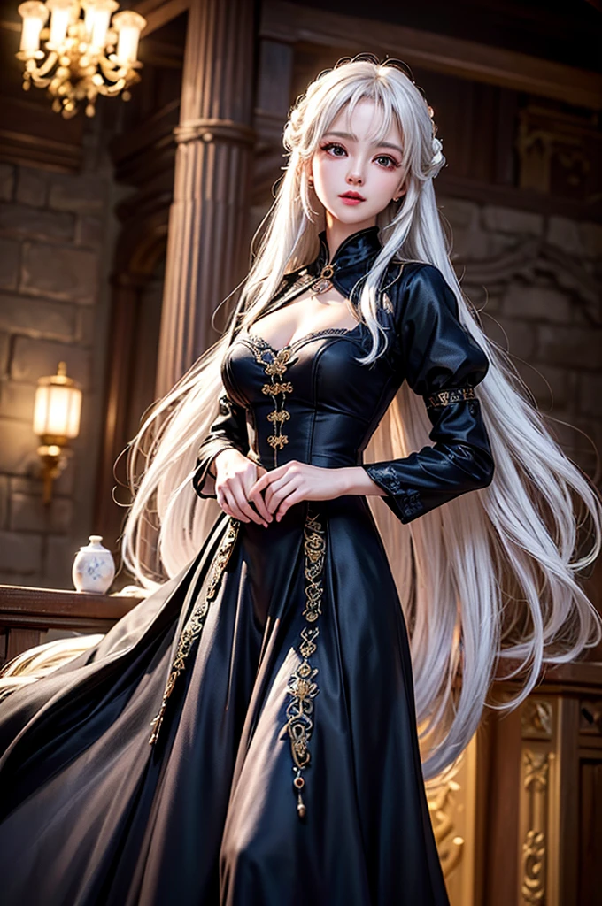 (Image above the chest)((masterpiece:1.5,Highest quality,Highly detailed images,Beautiful images、Realistic、Photorealistic、2.5D))(1girl, 独奏)(Adult women、large breasts, white hair, beautiful eyes、Beautiful cleavage)(Fantasy dresses、Fantasy Clothes、Black battle dress、black dress:1.5, Deep slit)(smile, wind, floating hair、walk)(bright、Soft lighting、Inside the castle、The King's Chamber）
