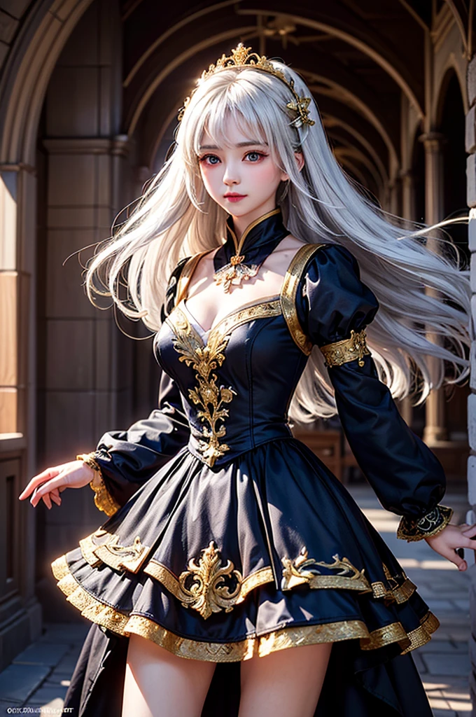 (Image above the chest)((masterpiece:1.5,Highest quality,Highly detailed images,Beautiful images、Realistic、Photorealistic、2.5D))(1girl, 独奏)(Adult women、large breasts, white hair, beautiful eyes、Beautiful cleavage)(Fantasy dresses、Fantasy Clothes、Black battle dress、black dress:1.5, Deep slit)(smile, wind, floating hair、walk)(bright、Soft lighting、Inside the castle、The King's Chamber)