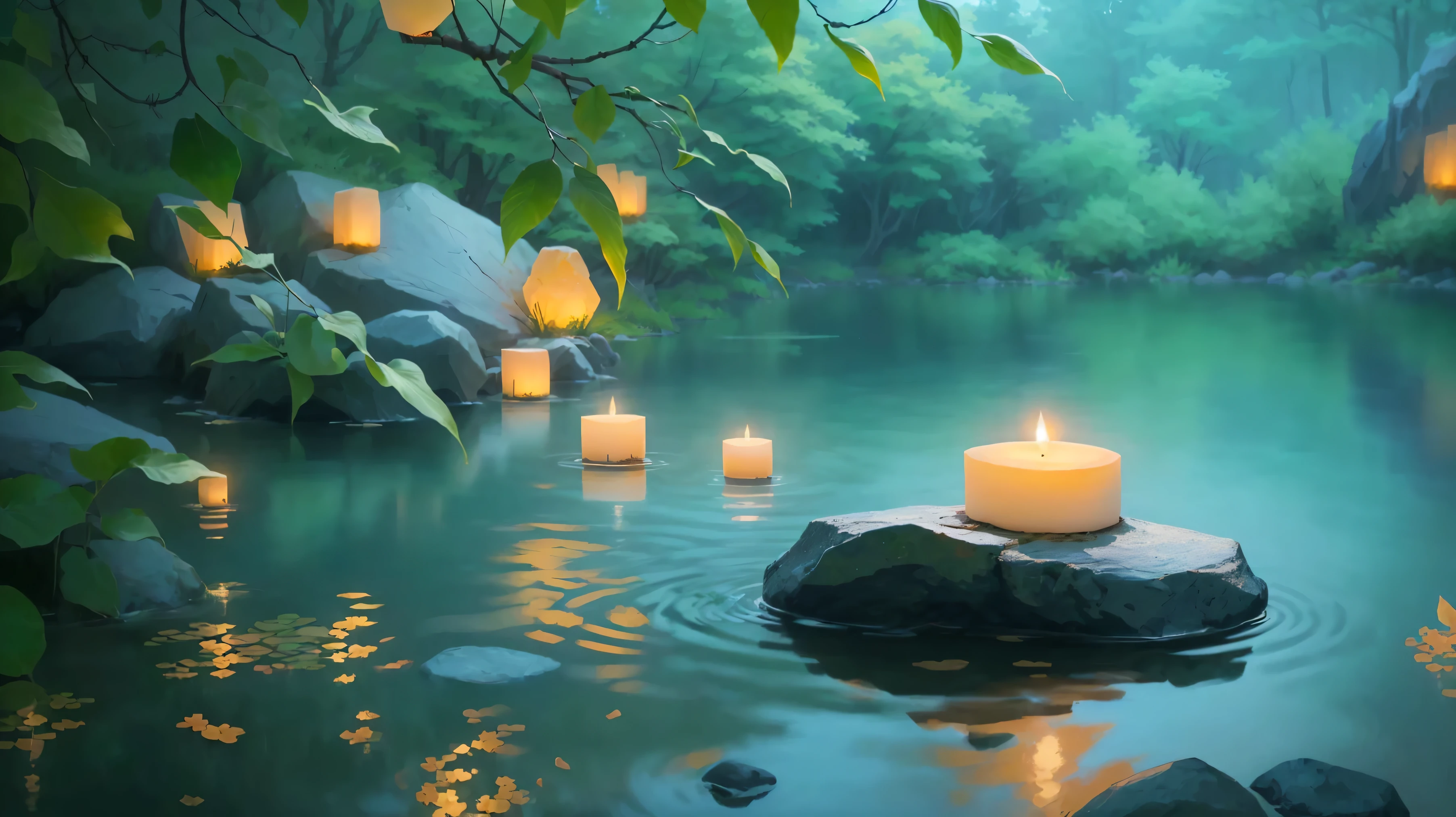 Rocks and trees々Floating candles on a pond with flowers, Peaceful atmosphere, Floating Candles, Calm evening atmosphere, Quiet and peaceful atmosphere, Gentle lighting, Quiet landscape, Peaceful and serene, Relaxed atmosphere, Zen Nature Background, Peaceful atmosphere, Peaceful landscape, Peaceful environment, Quiet environment, Beautiful atmosphere, Serene landscape, Beautiful atmosphere, Glowing Candles, Relaxing environment