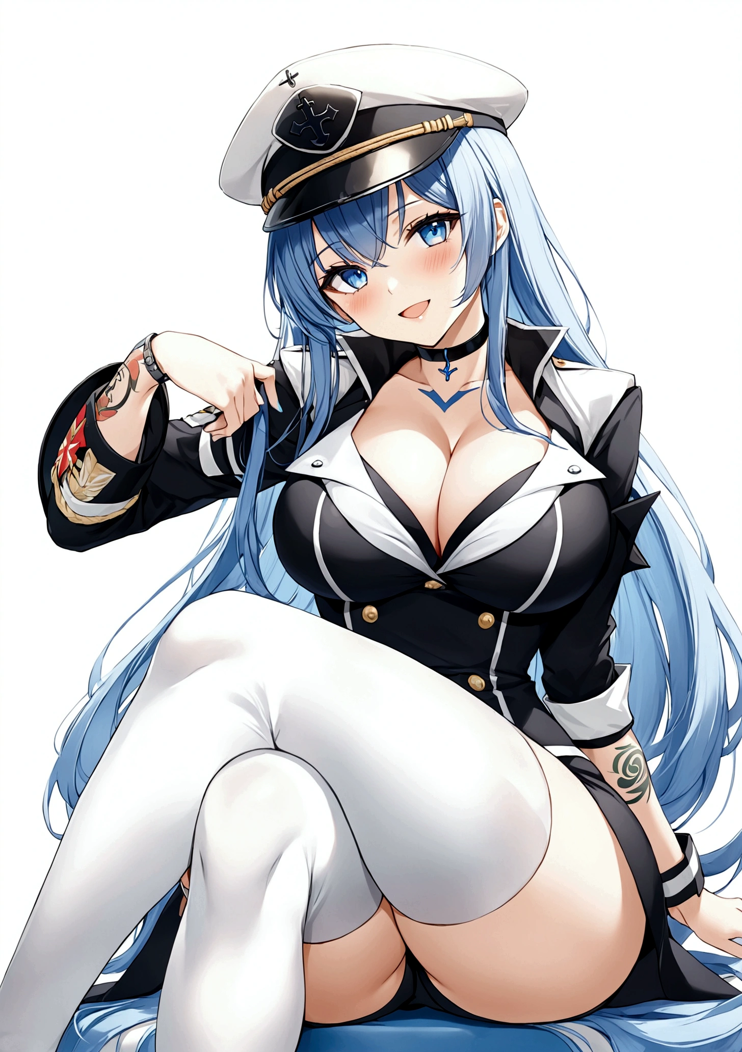 1girl, solo, long hair, breasts, looking at viewer, blush, smile, open mouth, blue eyes, large breasts, thighhighs, hat, cleavage, sitting, very long hair, blue hair, boots, choker, uniform, white thighhighs, military, military uniform, tattoo, thigh boots, crossed legs, peaked cap