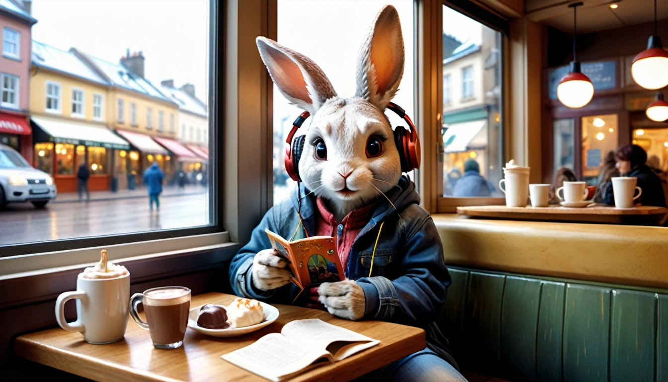 (photography film style), (((raining))), anthropomorphic, cute little rabbit, casual clothes, sitting by a window in a cafe, drinking hot chocolate, listening to music on headphones, (reading a book), 2D, colorful, warm atmosphere, glossy, Jean-Baptiste Monge style, Alan Lee style