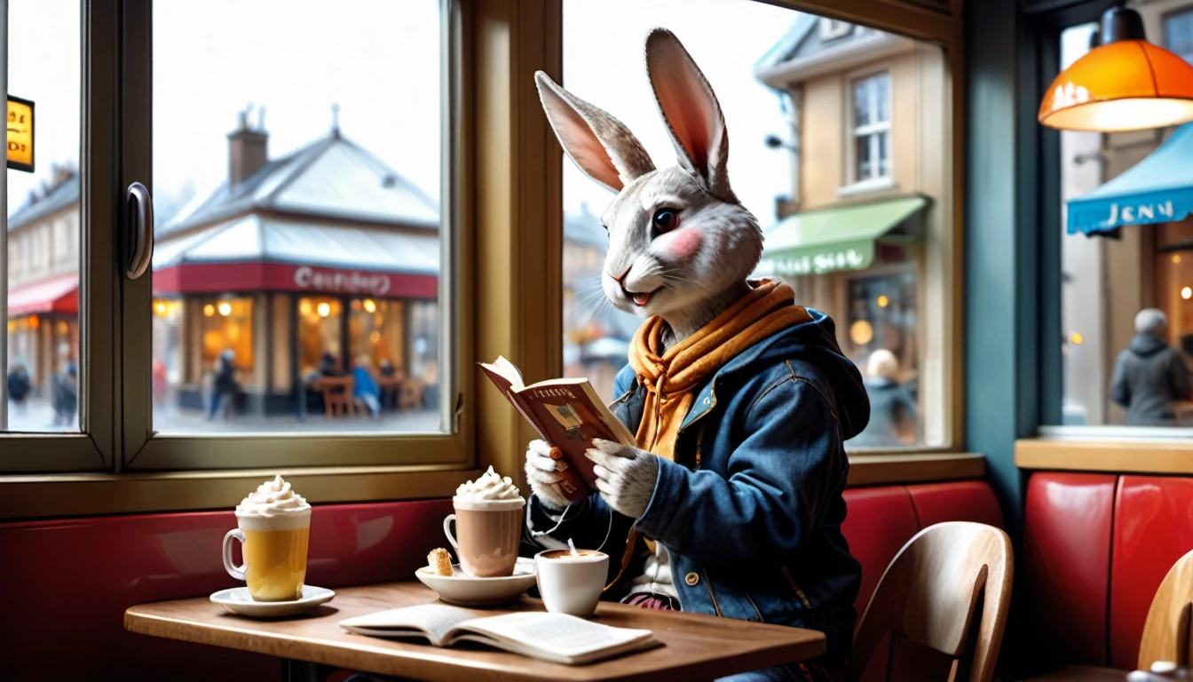 (photography film style), (((raining))), anthropomorphic, cute little rabbit, casual clothes, sitting by a window in a cafe, drinking hot chocolate, listening to music on headphones, (reading a book), 2D, colorful, warm atmosphere, glossy, Jean-Baptiste Monge style, Alan Lee style