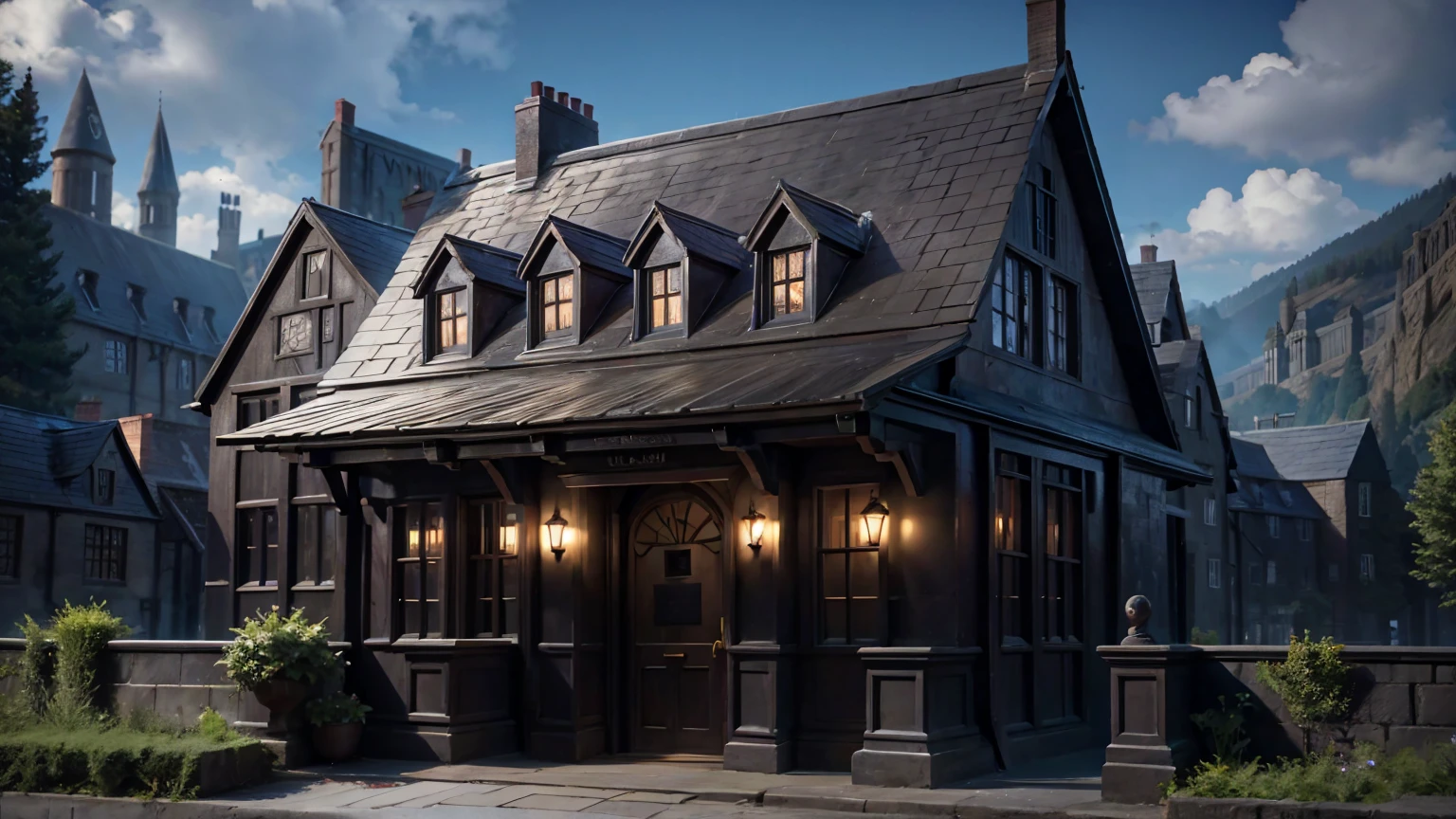 outside front view of harry potter school, harry potter school,