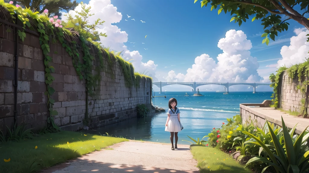 (masterpiece), The sea seen from the town, blue sky, summer, A girl in the distance, smile, alone, Sailor suit、Long skirt, Overgrown, petal, plant、Skirt lining、Translucent slip、nostalgic、Black Pantyhose