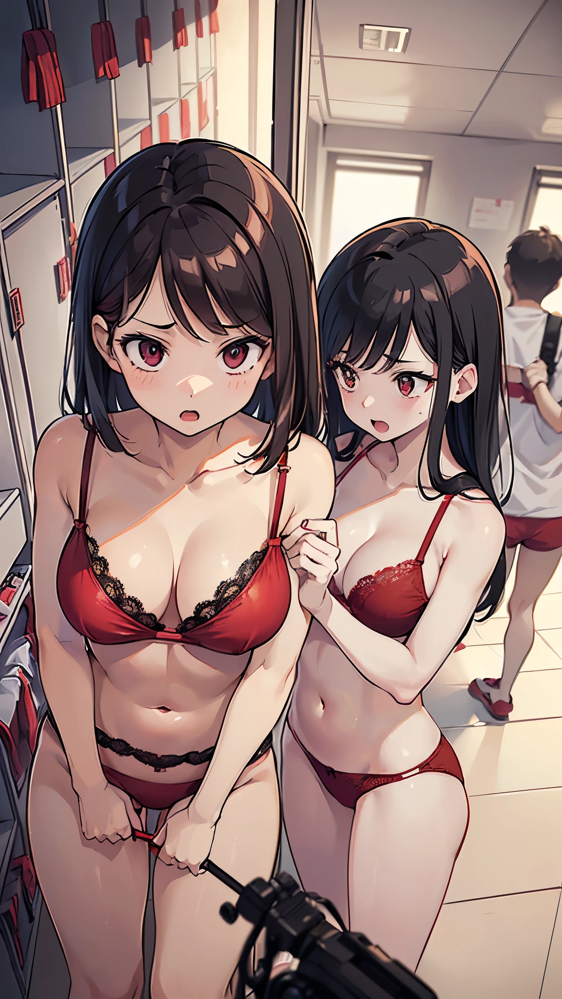 One woman in her 40s, ((red bra, red panties)), white skin, ((shot from the front at an angle)), sexy curves, ((she is getting changed)), black hair, ((changing room, locker room)), ((filmed with a hidden camera)), (((a girl is secretly filmed in the middle of getting changed)), ((a woman is surprised when she notices she is being filmed))