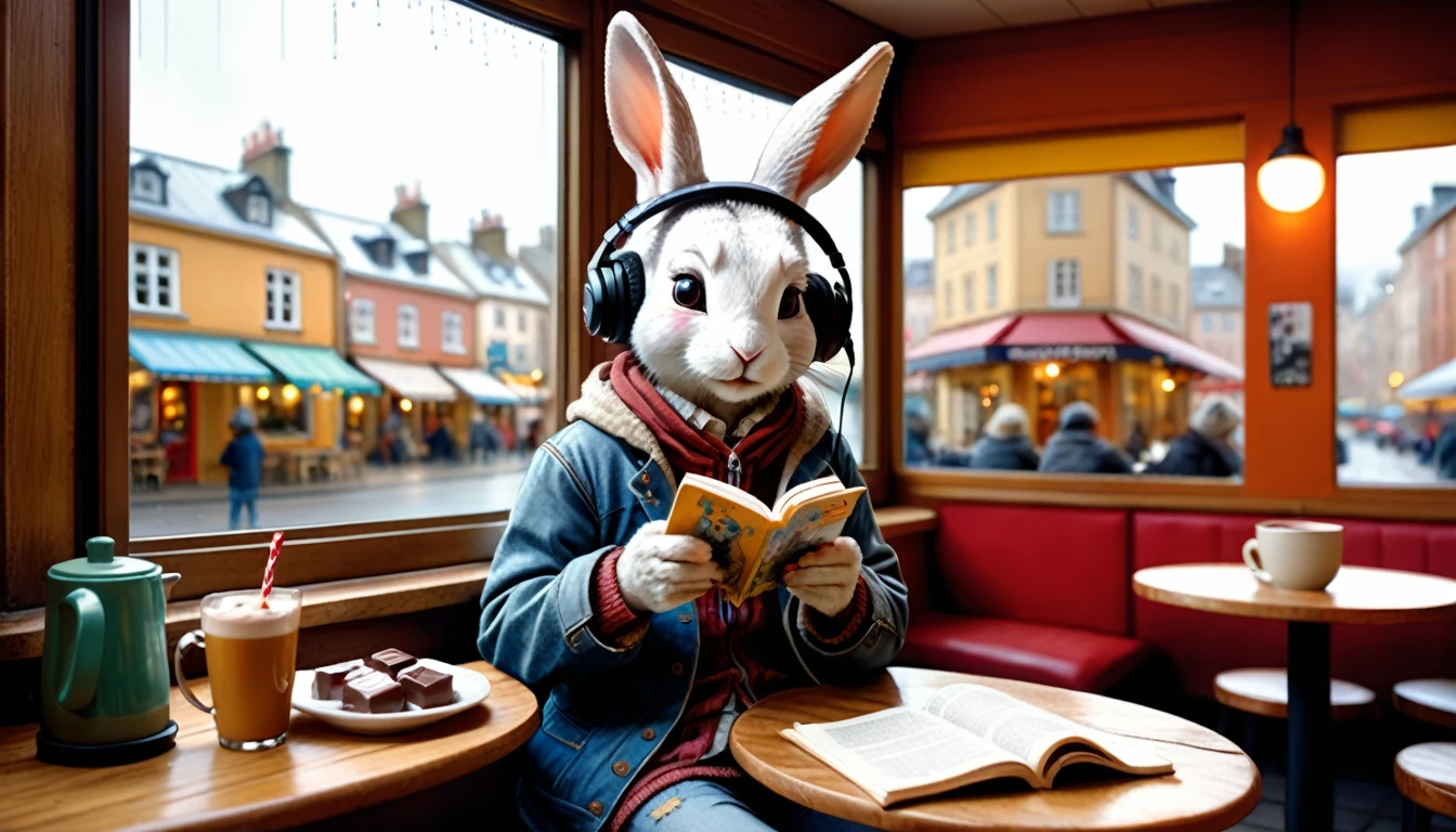 (photography film style), (((raining))), anthropomorphic, cute young rabbit, casually dressed, sitting by a window in a cafe, drinking hot chocolate, listening to music on headphones, (reading a book), 2D, colorful, warm atmosphere, glossy, Jean-Baptiste Monge style, Alan Lee style