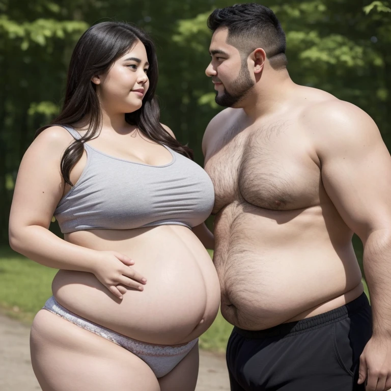 ((1 man, 1 woman)), 186cm 105kg male, Women weighing more than 100kg, Severely obese woman, 초Severely obese woman, A friendly obese man and woman couple, Facing each other, chest and stomach touching, Abdominal exposure, severe abdominal obesity, Women are fatter than men, Women weigh more than men, woman with thick waist, man with thick waist, her belly is fat and round, visible ship, She has a jiggly, fat, round belly, belly exposed, Romantic fat man and woman couple, fat belly, big stomach, WHR>=1.0 woman, man with a big belly, woman with a big belly, pregnant belly, 8K, realistic