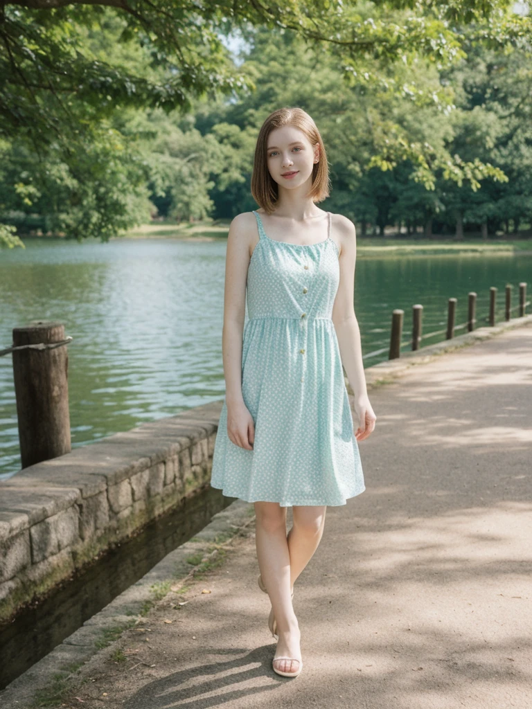 her name is Elle, high quality, 1girl, ((20-year-old fit Caucasian woman)), ((20 years old)), ((fit)), ((pale skin)), short length straight dark hair , wearing Pastel Mint Polka Dot Sundress, pose: standing, background: Capture the serene beauty of a lakeside park in a European city
