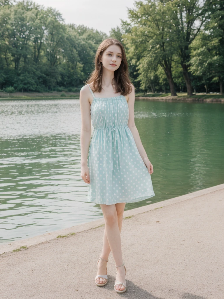 her name is Elle, high quality, 1girl, ((20-year-old fit Caucasian woman)), ((20 years old)), ((fit)), ((pale skin)), short length straight dark hair , wearing Pastel Mint Polka Dot Sundress, pose: standing, background: Capture the serene beauty of a lakeside park in a European city