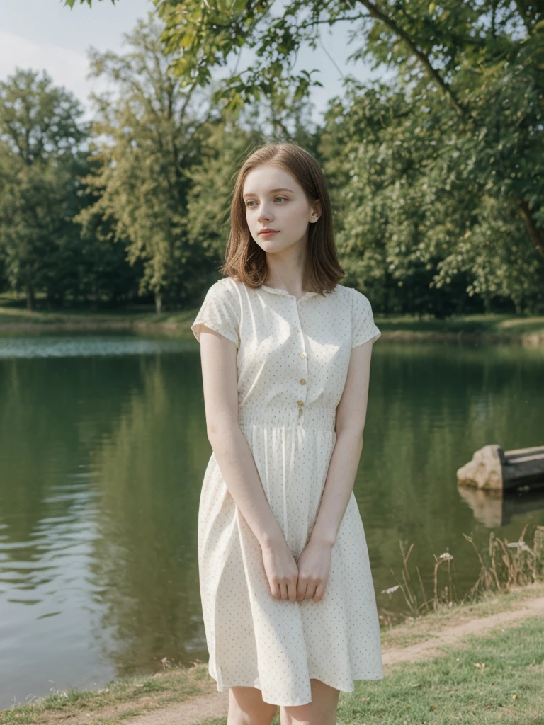 her name is Elle, high quality, 1girl, ((20-year-old fit Caucasian woman)), ((20 years old)), ((fit)), ((pale skin)), short length straight dark hair , wearing Pastel Mint Polka Dot Sundress, pose: standing, background: Capture the serene beauty of a lakeside park in a European city