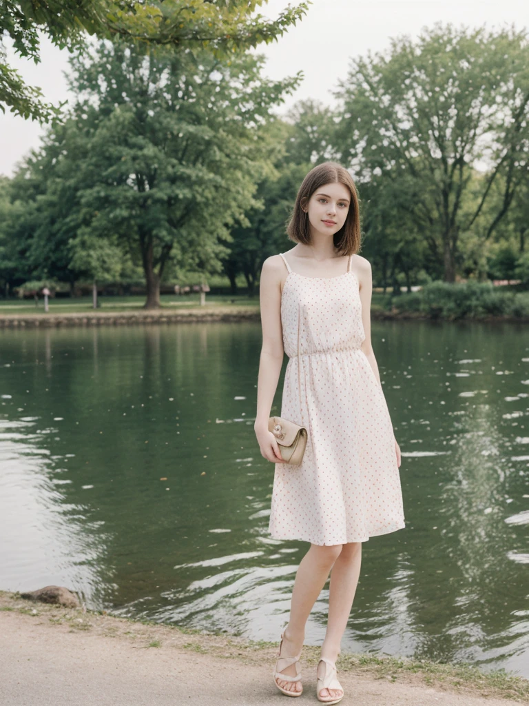 her name is Elle, high quality, 1girl, ((20-year-old fit Caucasian woman)), ((20 years old)), ((fit)), ((pale skin)), short length straight dark hair , wearing Pastel Mint Polka Dot Sundress, pose: standing, background: Capture the serene beauty of a lakeside park in a European city