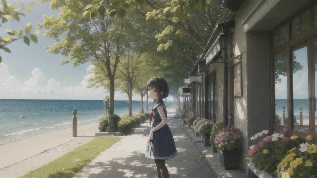 (masterpiece), The sea seen from the town, blue sky, summer, A girl in the distance, smile, alone, Sailor suit、Long skirt, Overgrown, petal, plant、Skirt lining、Translucent slip、nostalgic、Black Pantyhose