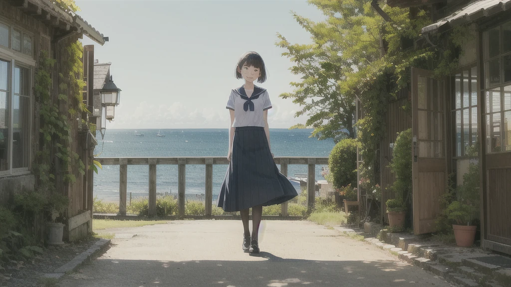 (masterpiece), The sea seen from the town, blue sky, summer, A girl in the distance, smile, alone, Sailor suit、Long skirt, Overgrown, petal, plant、Skirt lining、Translucent slip、nostalgic、Black Pantyhose