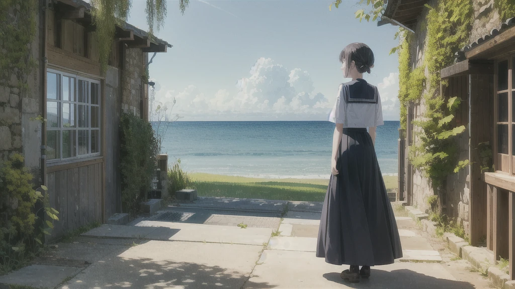(masterpiece), The sea seen from the town, blue sky, summer, A girl in the distance, smile, alone, Sailor suit、Long skirt, Overgrown, petal, plant、Skirt lining、Translucent slip、nostalgic、Black Pantyhose