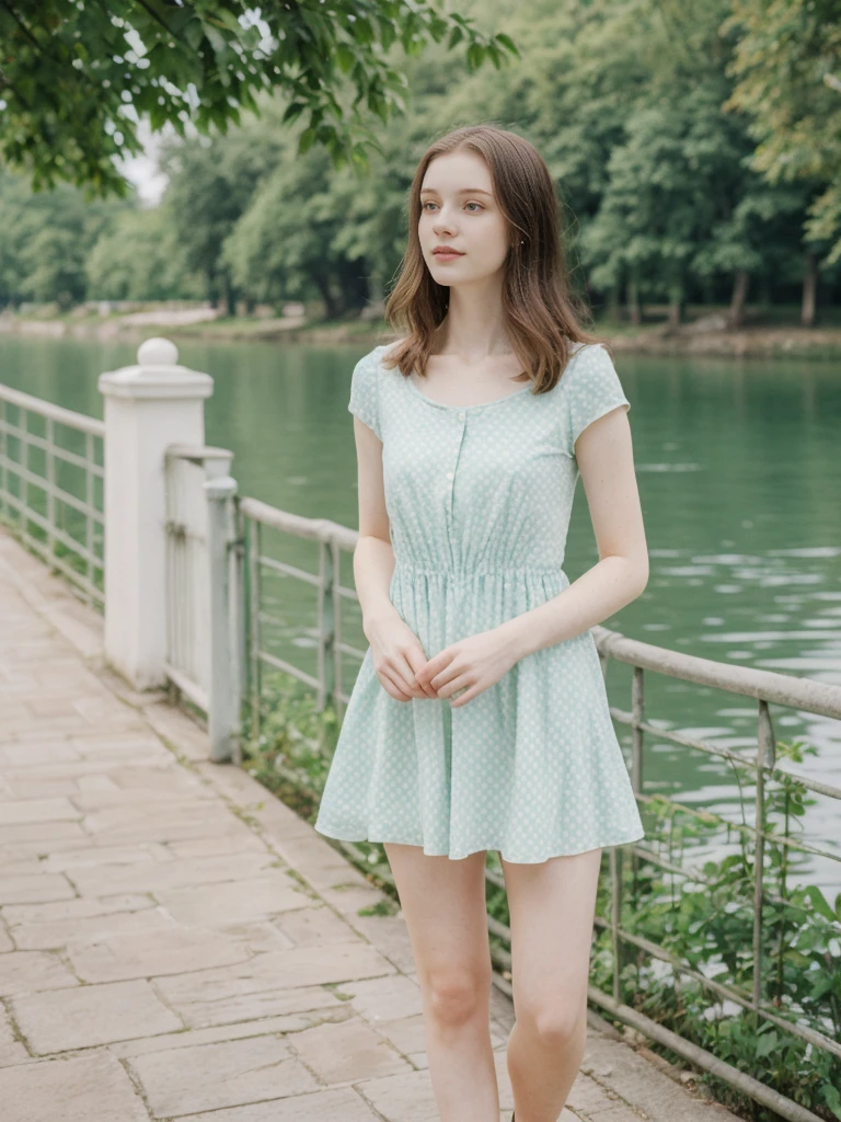 her name is Elle, high quality, 1girl, ((20-year-old fit Caucasian woman)), ((20 years old)), ((fit)), ((pale skin)), short length straight dark hair , wearing Pastel Mint Polka Dot Sundress, pose: standing, background: Capture the serene beauty of a lakeside park in a European city
