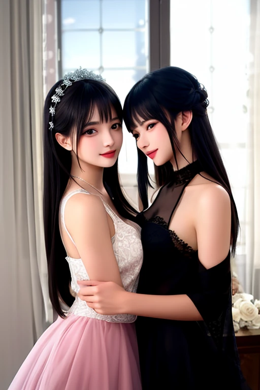 best quality，2 beauties touching each other&#39;s breasts,short hair，black，Sportswear