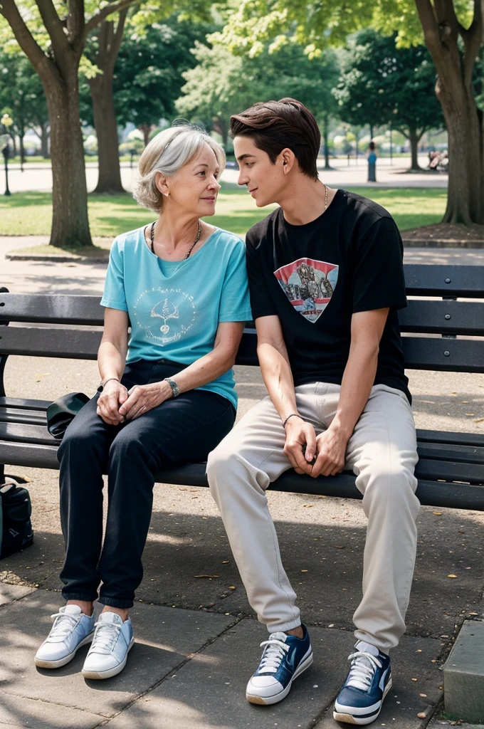 Scene 1: A Spark of Connection
Image: An elderly woman with kind eyes (Eleanor) sits on a park bench feeding pigeons in a sunny park. Across the path, a ager with a skateboard (Ethan) hunches over, his face etched with teenage a, earbuds in.