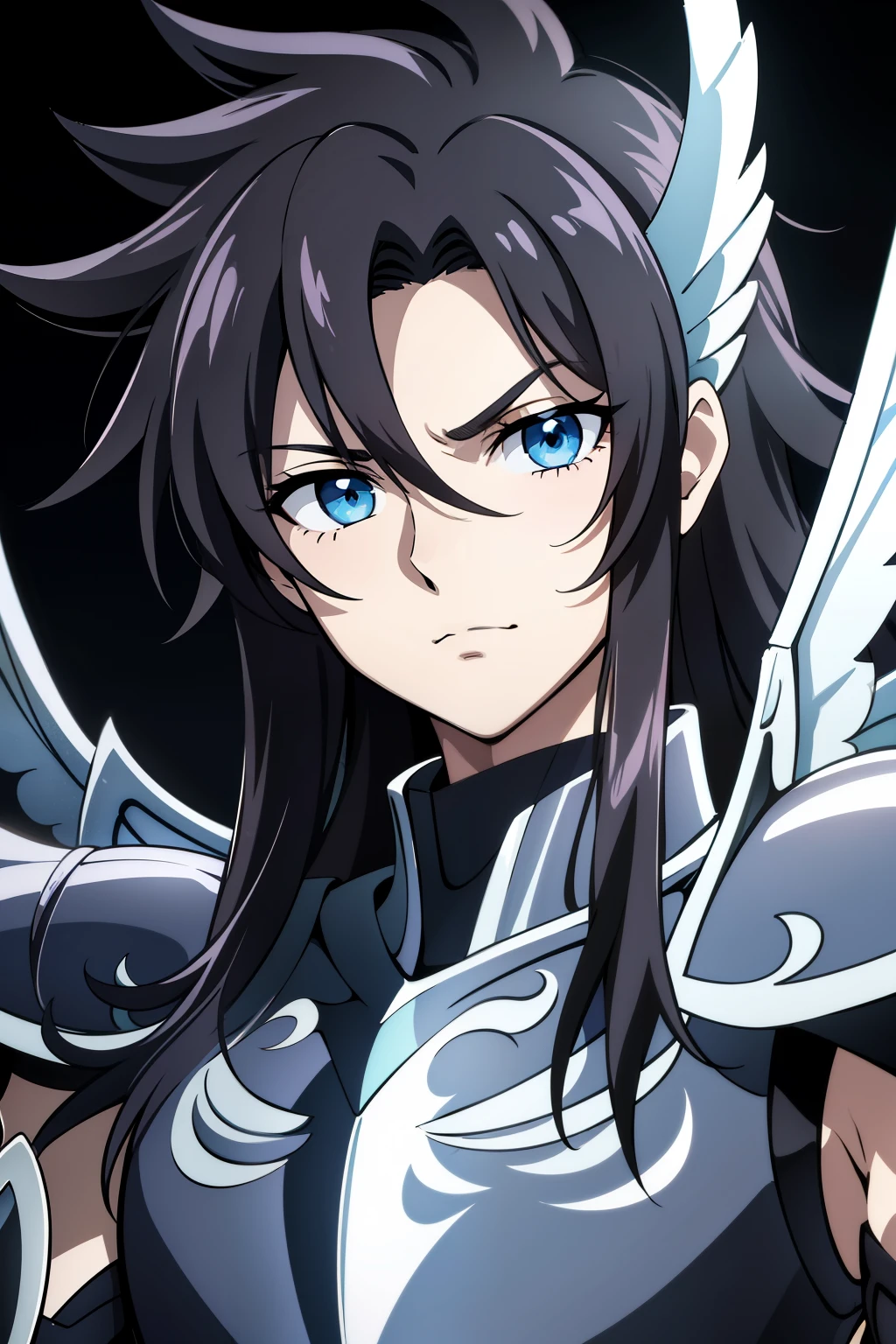 (high-quality, breathtaking),(expressive eyes, perfect face) portrait, Symmetrical Eyes, 1boy, male, solo, adult, black hair, blue coloured eyes, stylised hair, medium length hair, loose hair, side bangs, spiky hair,Hades, looking at viewer, portrait, black background, narrow eyes, soft eerie blue lighting backround, rock terrain background, Hades Armor, Hypnos Saint Seiya Armor, Thanatos Saint Seiya Armor, Dark Purple Armor, trim, full plate, masculine face, Thanatos Lost Canvas Saint Seiya
