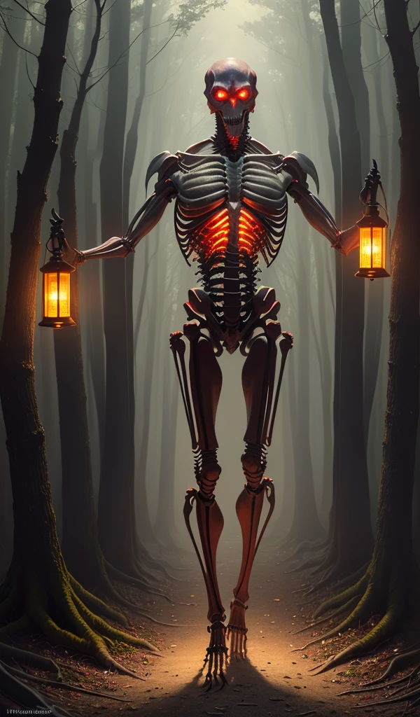 (Award-winning masterpiece:1.5), (incredible detail), (hyper realistic:1.4), (whole body:1.7), (creature emerging from darkness), (tall and skeletal figure), (disproportionately long limbs), (glowing red eyes reflecting lantern light), (dark forest), (dramatic lighting), (intricate details:1.1)