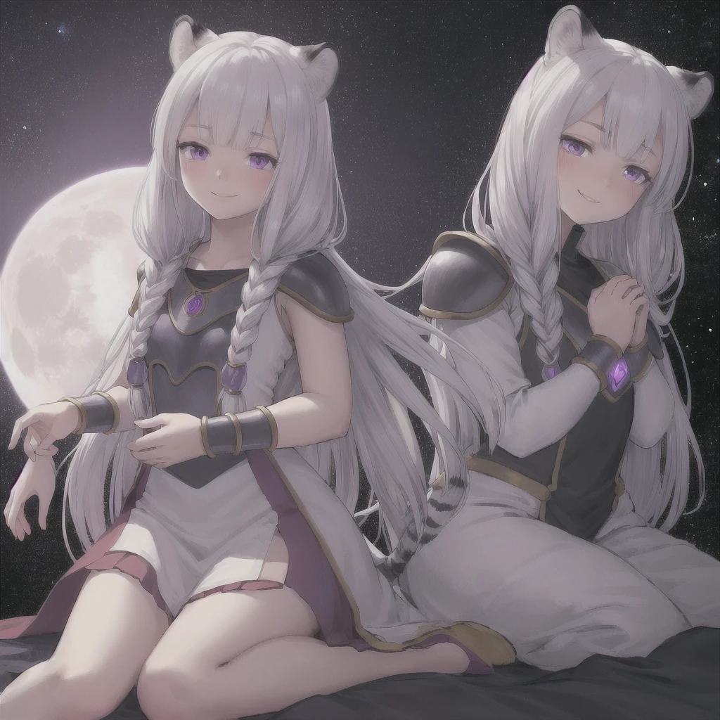 ((masterpiece)), (best quality), (ultra-detailed), photorealistic, (best illustration), ((an extremely delicate and beautiful)), 1girl, solo, long hair, tiger ears, [:tiger tail under:0.2], white hair, two-tone hair, full body, knight armor, crimson glowing details on armor, amulet on neck, Bracelets, crimson crystals in Bracelets, long lilac cape, open eyes, evil purple eyes, looking at viewer, malicious smile, blush, in space, goddess, low twin braids, loosen hair, quiet gesture, white armor, cybernetic armor, hyper detailed space, best illumination, holding moon in hands. 