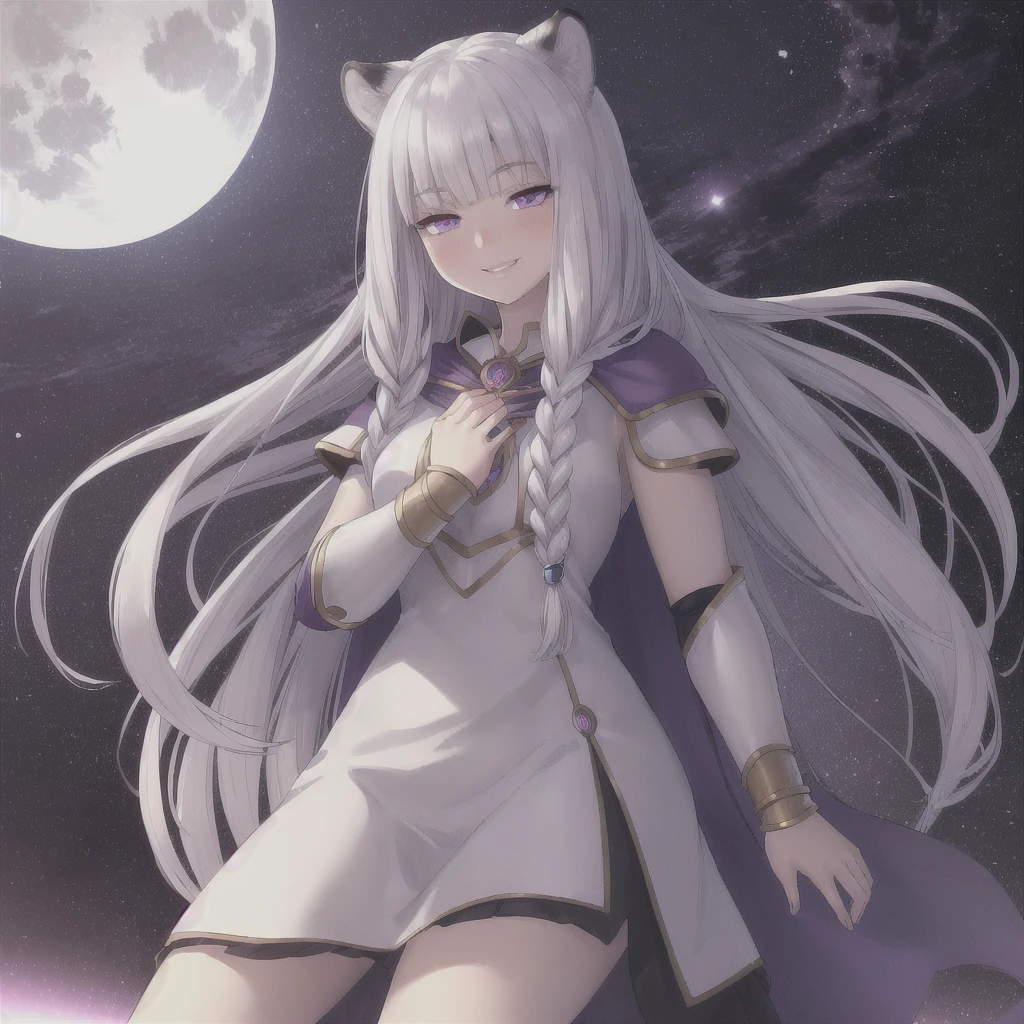 ((masterpiece)), (best quality), (ultra-detailed), photorealistic, (best illustration), ((an extremely delicate and beautiful)), 1girl, solo, long hair, tiger ears, [:tiger tail under:0.2], white hair, two-tone hair, full body, knight armor, crimson glowing details on armor, amulet on neck, Bracelets, crimson crystals in Bracelets, long lilac cape, open eyes, evil purple eyes, looking at viewer, malicious smile, blush, in space, goddess, low twin braids, loosen hair, quiet gesture, white armor, cybernetic armor, hyper detailed space, best illumination, holding moon in hands. 
