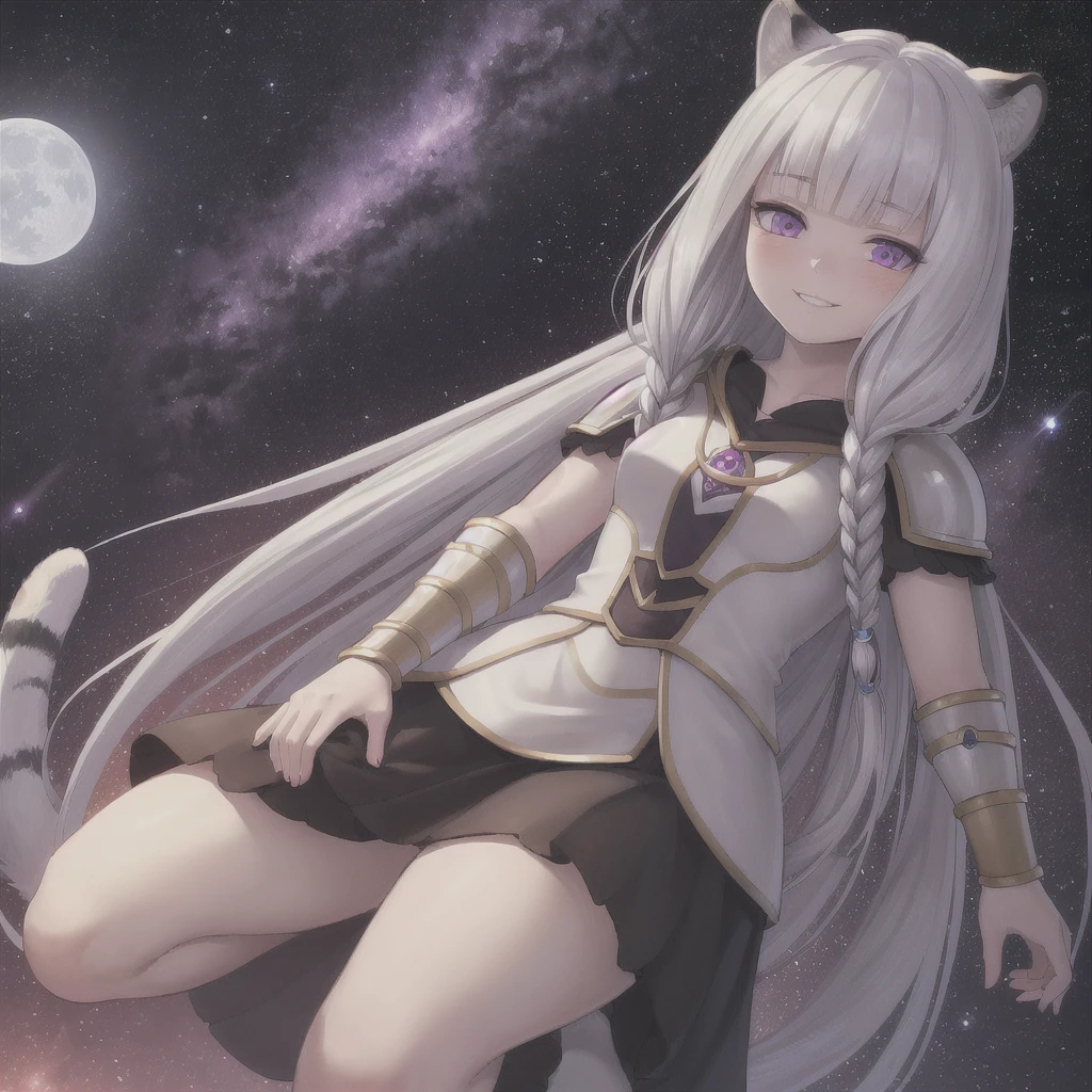 ((masterpiece)), (best quality), (ultra-detailed), photorealistic, (best illustration), ((an extremely delicate and beautiful)), 1girl, solo, long hair, tiger ears, [:tiger tail under:0.2], white hair, two-tone hair, full body, knight armor, crimson glowing details on armor, amulet on neck, Bracelets, crimson crystals in Bracelets, long lilac cape, open eyes, evil purple eyes, looking at viewer, malicious smile, blush, in space, goddess, low twin braids, loosen hair, quiet gesture, white armor, cybernetic armor, hyper detailed space, best illumination, holding moon in hands. 