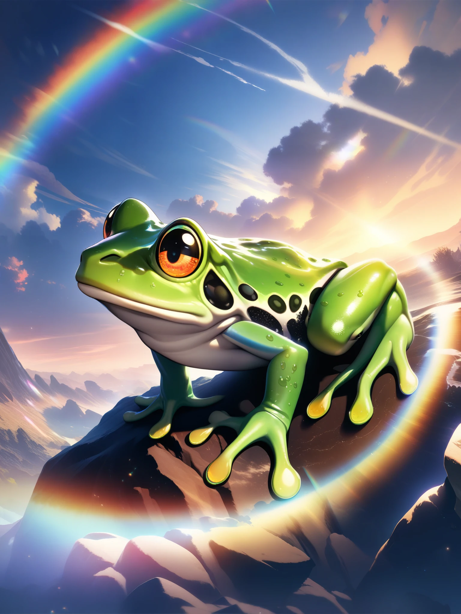 32k, best quality, ultra high res, HDR, UHD, extremely detailed CG, unity 32k wallpaper, {{{masterpiece}}}, {{{best quality}}}, {{ultra-detailed}}, {illustration}, {{an extremely delicate and beautiful}}, {{{high quality eyes}}}, Iridescent frog,rainbowfrog,Rainbow frog,Rainbow frog,