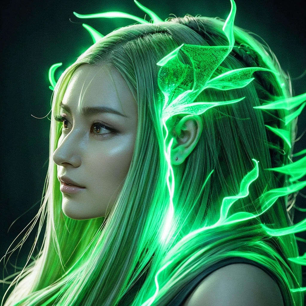 muka: Delicate features and slanted eyes, with a mystical glow, reflecting the wisdom and strength of the dragon.hairs: longos e ondulados, of a greenish or silvery tone, reminiscent of a dragon&#39;s scales.Accessories: Chinese traditional headwear, such as tiaras or hair decorations with dragon motifs.