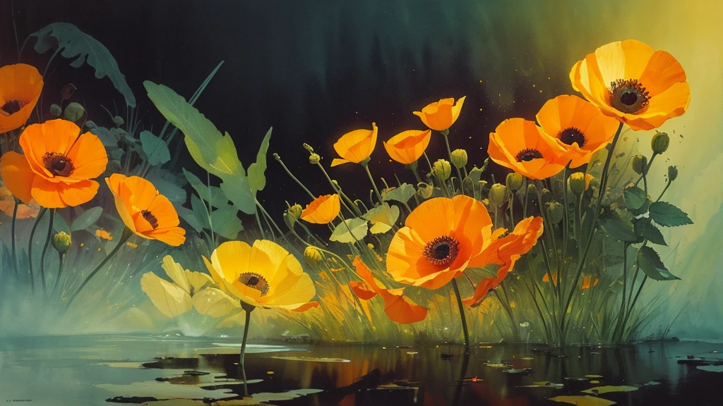 32k, Masterpiece, Highest quality, One girl, Detailed eyes, flower,Iceland Poppy, Orange and yellow style,A dreamy, romantic piece,Pale yellow, Mysterious Leaves,A playful arrangement,Fantasy,High Contrast,Ink strokes,explosion,Exposure, Impression of orange and yellow tones,Abstract,((Watercolours by John Berkey and Jeremy Mann )) Brush strokes,Negative Space, Tyndall effect,