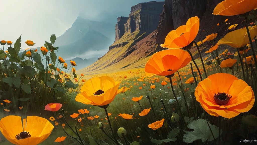 32k, Masterpiece, Highest quality, One girl, Detailed eyes, flower,Iceland Poppy, Orange and yellow style,A dreamy, romantic piece,Pale yellow, Mysterious Leaves,A playful arrangement,Fantasy,High Contrast,Ink strokes,explosion,Exposure, Impression of orange and yellow tones,Abstract,((Watercolours by John Berkey and Jeremy Mann )) Brush strokes,Negative Space, Tyndall effect,