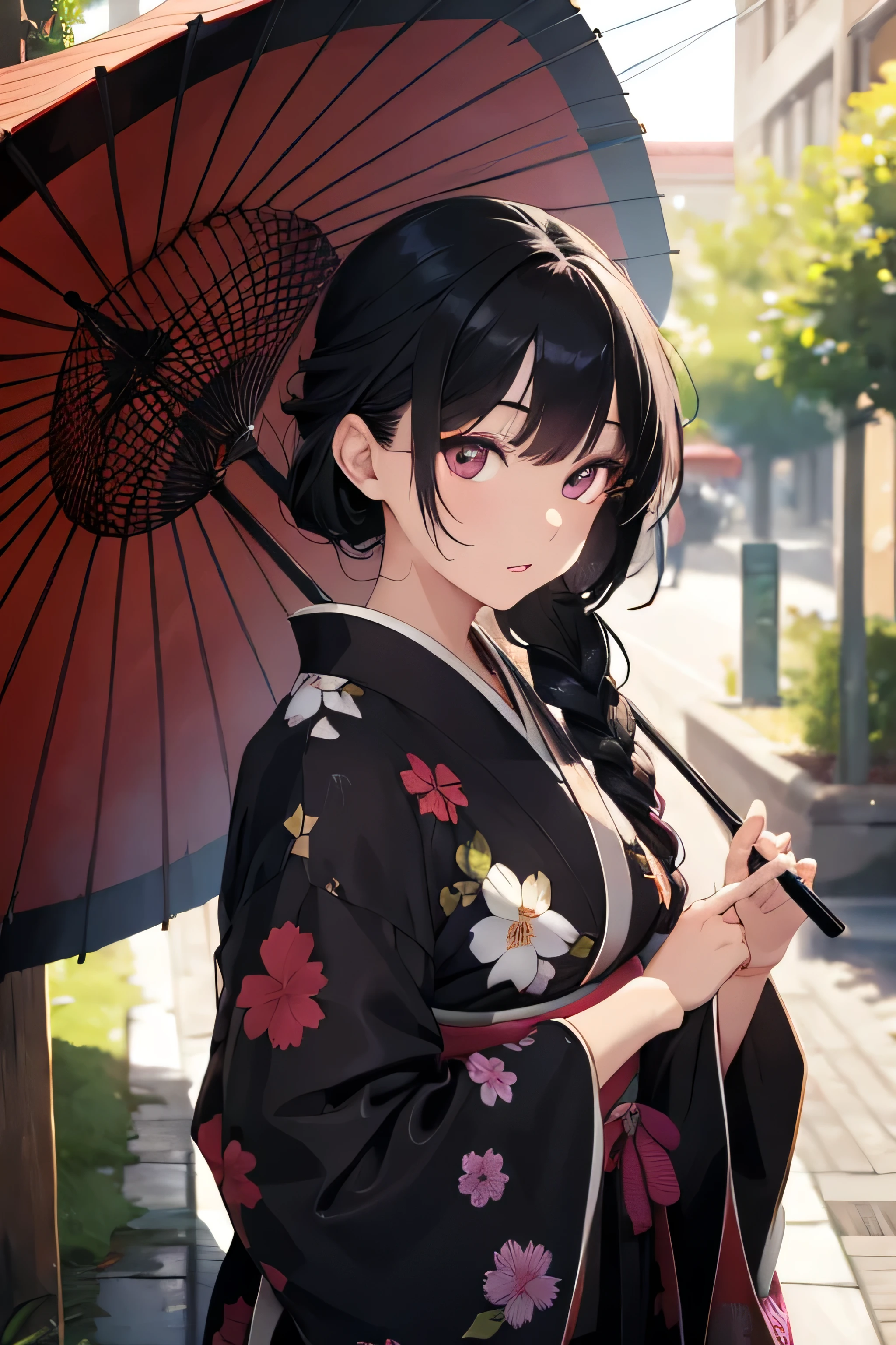Highest quality, masterpiece, High resolution, Very detailed, Fine skin, Complex eyes, Accurate and perfect anatomy,21-year-old beauty, Dark Eyes, Black Hair, Kimono with plum pattern, Holding an umbrella, it's raining, Tree-lined street along the river, Smiling, Facing forward,
