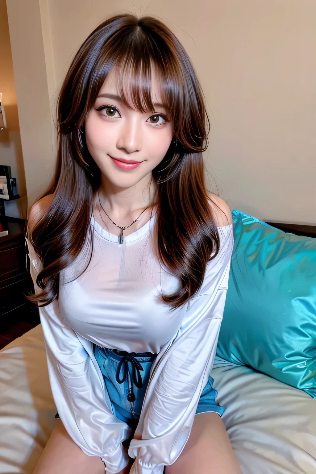 seed;88117315,((Full Body Angle))、((Front hair:1.3))、((Highest quality, 8K, masterpiece: 1.3)), concentrated: 1.2, Cute girl 1,Nipples erect、 Perfect beauty: 1.4,T-Shirts、Shorts、pajamas: 1.2,Long sleeve、Randall Color、comics＆Text Graphics、Black ruffle-trimmed drawstring zip blouse,1.1, Highly detailed face and skin textures, Fine grain, double eyelid, whitening skin, ,Highest quality,Ultra-high resolution,you,1 girl,alone,_Shiny_skin,Iris,necklace,((brown_length_Wavy_hair)),(lips)),eyelash,Front hair,deal with,compensate,Shiny,pore,skin,Large Breasts、((smiling face))、Bedroom