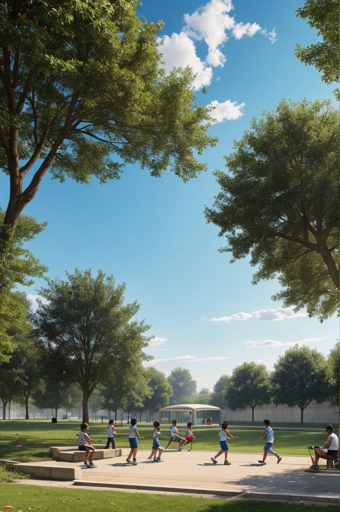 *bottom:* A park or a school, with trees, blue sky and sun.
*characters:* A group of friends playing soccer, another person playing a musical instrument, and another reading a book.
*Symbols:* Near a garbage dump, a warning sign with images of crossed out cigarettes and bottles.
*Message:* At the top of the drawing, the phrase "Live healthy, choose to be substance free".