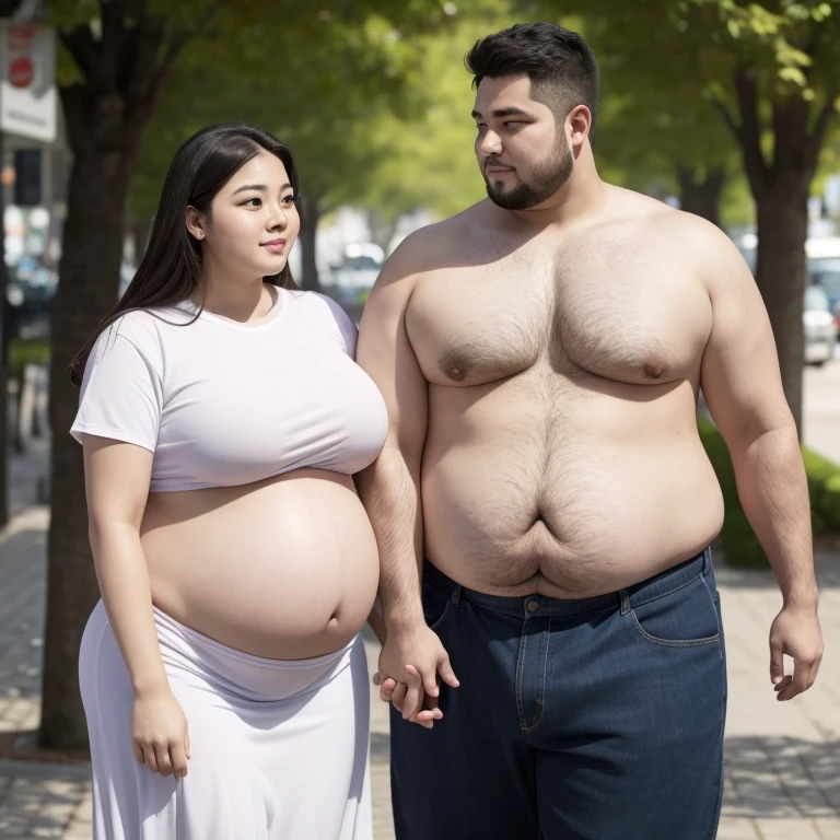 ((1 man, 1 woman)), 186cm 105kg male, Women weighing more than 100kg, Severely obese woman, 초Severely obese woman, A friendly obese man and woman couple, Facing each other, chest and stomach touching, Abdominal exposure, severe abdominal obesity, Women are fatter than men, Women weigh more than men, woman with thick waist, man with thick waist, her belly is fat and round, visible ship, She has a jiggly, fat, round belly, belly exposed, Romantic fat man and woman couple, fat belly, big stomach, WHR>=1.0 woman, man with a big belly, woman with a big belly, pregnant belly, 8K, realistic