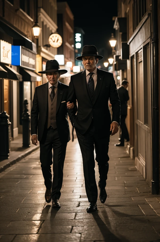 Stone guy in a suit and hat walking at night on a street full of buildings