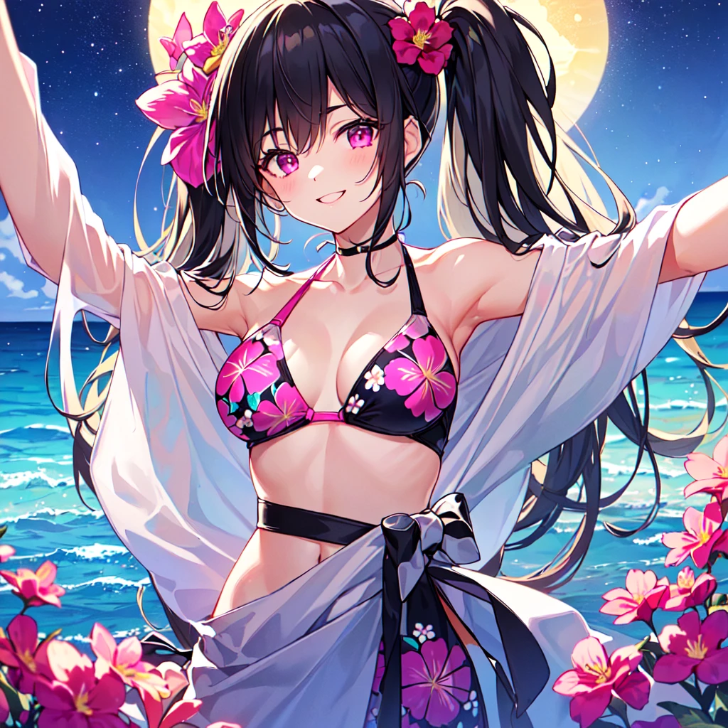 masterpiece, best quality, high quality, extremely detailed, very delicate and beautiful, (1 female 18 years old solo:1.2), (long black hair up to waist with two side up:1.4), bangs to eyebrows, eyes (eyes sharp, strong, glossy, glossy eyebrows), (eye color magenta:1.3), 6.5 head height, (bikini swimsuit with summer flower print:1.3), (smiling),(standing), (hand on head), (dynamic pose), (background ocean shallows:1.3), (Night Sky :1.3), (upper body:1.3)