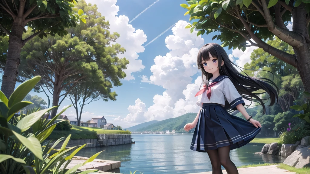 (masterpiece),  town,  blue sky,  One Girl, Put people on the right,  smile,  alone,  Sailor suit、Long skirt,  Overgrown,  petal,  plant、Skirt lining、Translucent slip、nostalgic、Black Pantyhose、You can see the sea in the distance, Crotch close-up