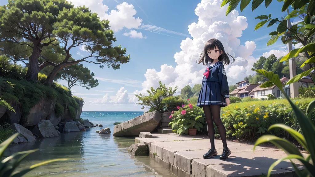 (masterpiece), The sea seen from the town, blue sky, summer, A girl in the distance, smile, alone, Sailor suit、Long skirt, Overgrown, petal, plant、Skirt lining、Translucent slip、nostalgic、Black Pantyhose