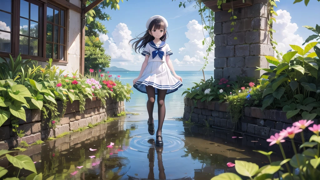 (masterpiece), The sea seen from the town, blue sky, summer, A girl in the distance, smile, alone, Sailor suit、Long skirt, Overgrown, petal, plant、Skirt lining、Translucent slip、nostalgic、Black Pantyhose