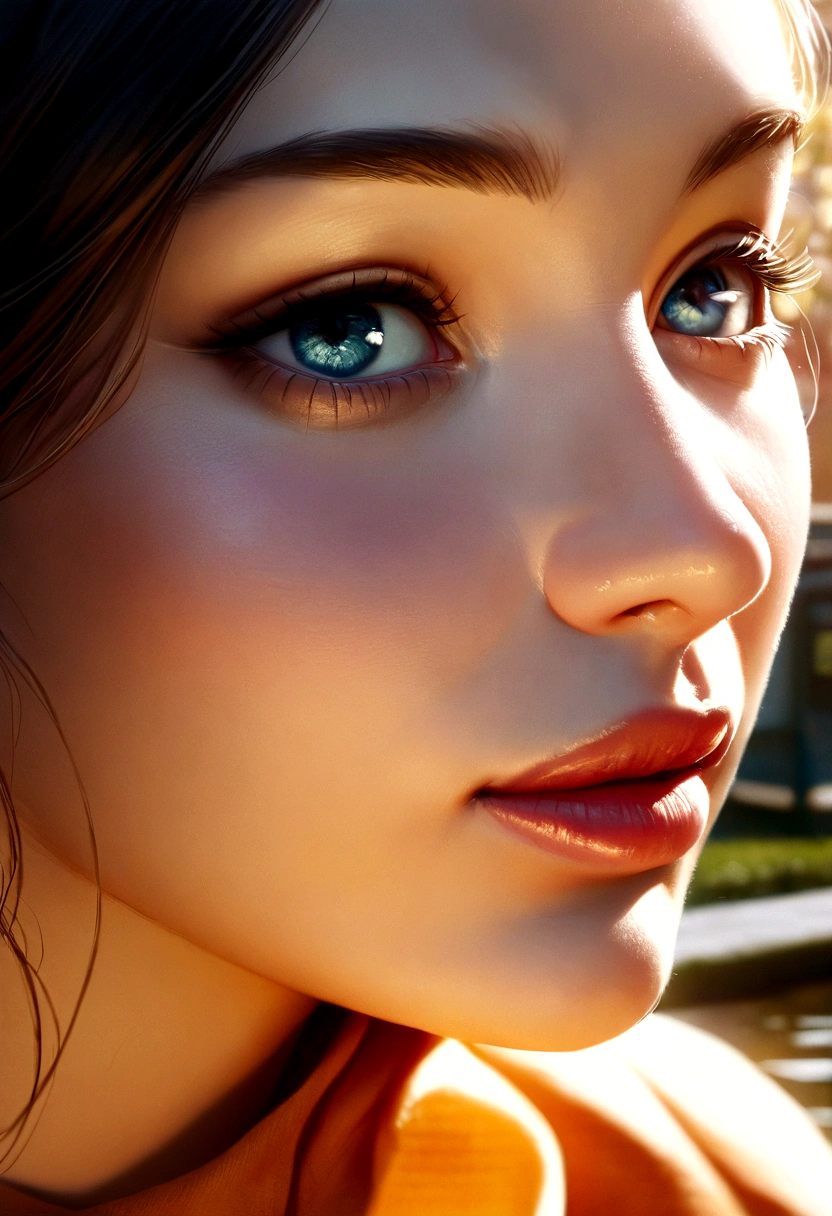 a beautiful woman in close-up, a canal in the netherlands, a gouda cheese shop, realistic, 8k, ultra-high resolution, natural lighting, a perfect day, amateur, candid, extreme close-up, detailed skin texture, detailed eyes and lips, soft focus background, warm color tones, cinematic lighting, dramatic shadows, golden hour lighting