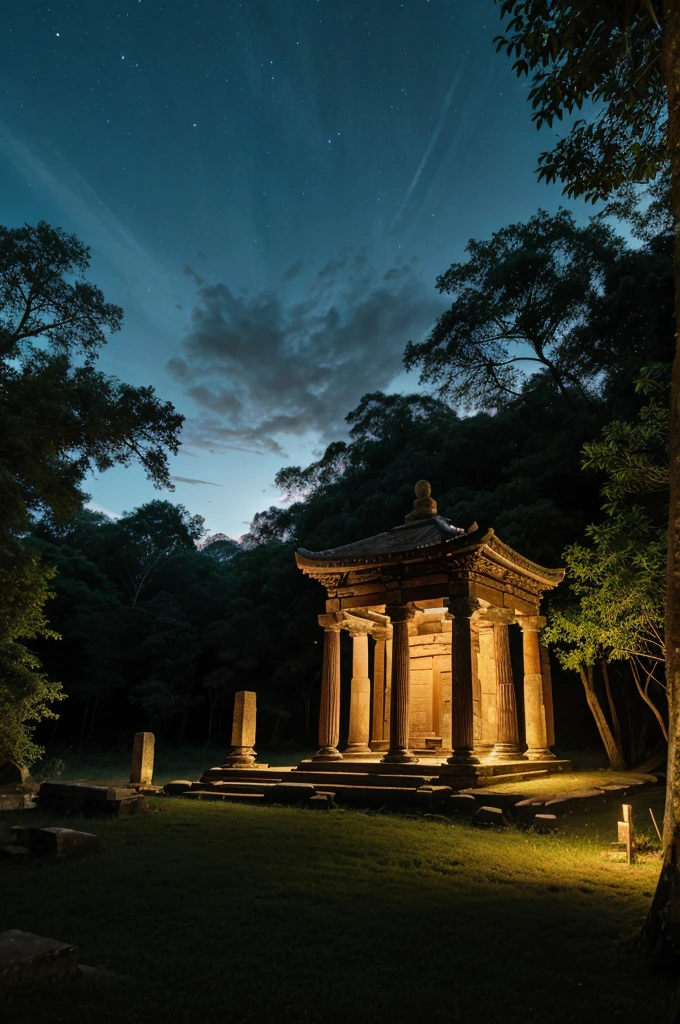 Ancient Temple at the Edge of the Village: A mysterious, ancient temple closed for years, surrounded by dense forest and under a twilight sky.