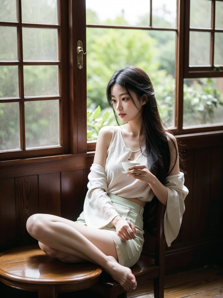 In the painting, a girl with long, lustrous black hair is sitting and drinking tea. She sits beside a small wooden table, on which there is a delicate tea set. Gentle sunlight streams through the window, casting soft rays on her graceful face. Her eyes gaze into the distance, and her lips form a slight smile, creating a peaceful and serene scene. The green leaves rustling outside the window add a touch of freshness to the space. Everything in the painting exudes stillness and tranquility, like a moment paused amid the hustle and bustle of life, frontal angle