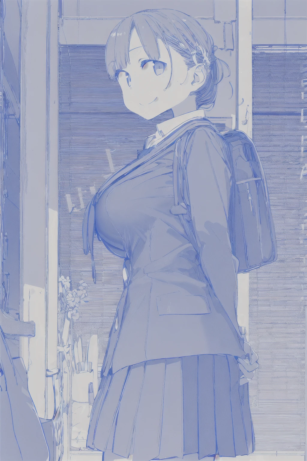 masterpiece, best quality, 1girl, (((breast focus))), ((pretty eyes)), gloves, hair ornament, , looking at viewer, solo, breasts, from side, , hands arms behind back, school bag, evil smile, (((monochrome))), blue lines, breasts, lineart,