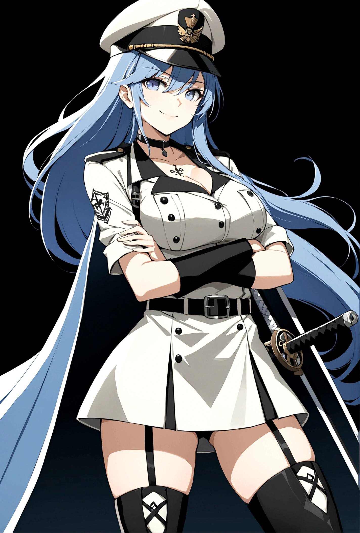 1girl, solo, long hair, breasts, smile, blue eyes, large breasts, simple background, thighhighs, hat, cleavage, very long hair, blue hair, weapon, boots, choker, belt, sword, uniform, zettai ryouiki, military, military uniform, tattoo, thigh boots, crossed arms, black background, peaked cap