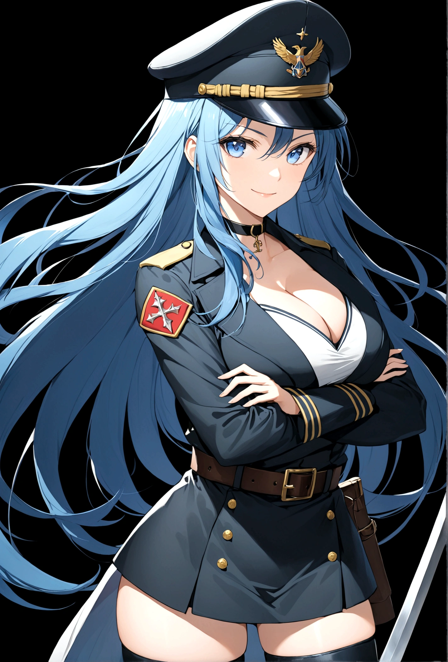 1girl, solo, long hair, breasts, looking at viewer, smile, blue eyes, large breasts, hat, cleavage, very long hair, blue hair, choker, uniform, hand on hip, military, military uniform, tattoo, black background, peaked cap