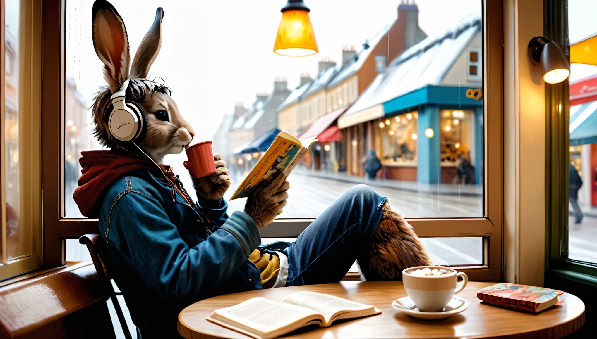 (photography film style), (((raining))), anthropomorphic, cute young rabbit, casually dressed, sitting by a window in a cafe, drinking hot chocolate, listening to music on headphones, (reading a book), 2D, colorful, warm atmosphere, glossy, Jean-Baptiste Monge style, Alan Lee style