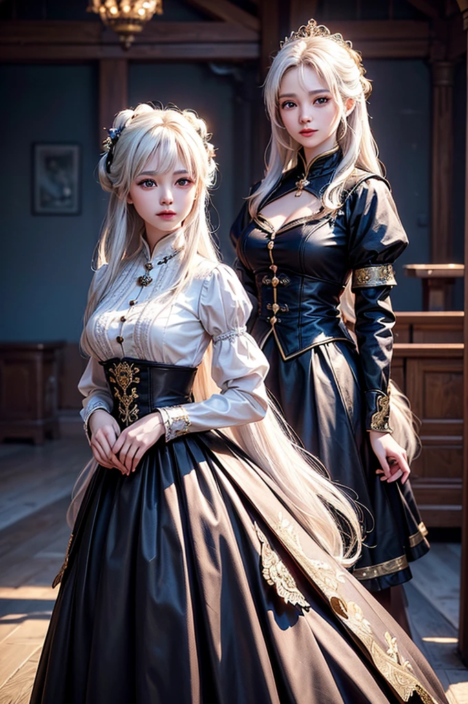 (Image above the chest)((masterpiece:1.5,Highest quality,Highly detailed images,Beautiful images、Realistic、Photorealistic、2.5D))(1girl, 独奏)(Adult women、large breasts, white hair, beautiful eyes、Beautiful cleavage)(Fantasy dresses、Fantasy Clothes、Black battle dress、black dress:1.5, Deep slit)(smile, wind, floating hair、walk)(bright、Soft lighting、Inside the castle、The King's Chamber）
