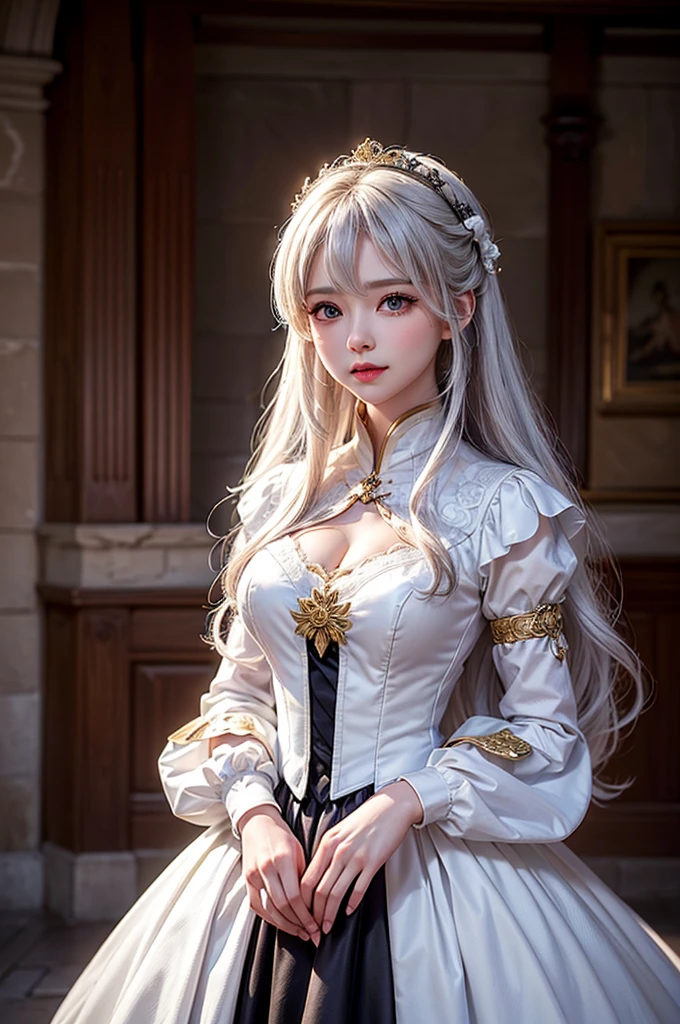 (Image above the chest)((masterpiece:1.5,Highest quality,Highly detailed images,Beautiful images、Realistic、Photorealistic、2.5D))(1girl, 独奏)(Adult women、large breasts, white hair, beautiful eyes、Beautiful cleavage)(Fantasy dresses、Fantasy Clothes、Black battle dress、black dress:1.5, Deep slit)(smile, wind, floating hair、walk)(bright、Soft lighting、Inside the castle、The King's Chamber）
