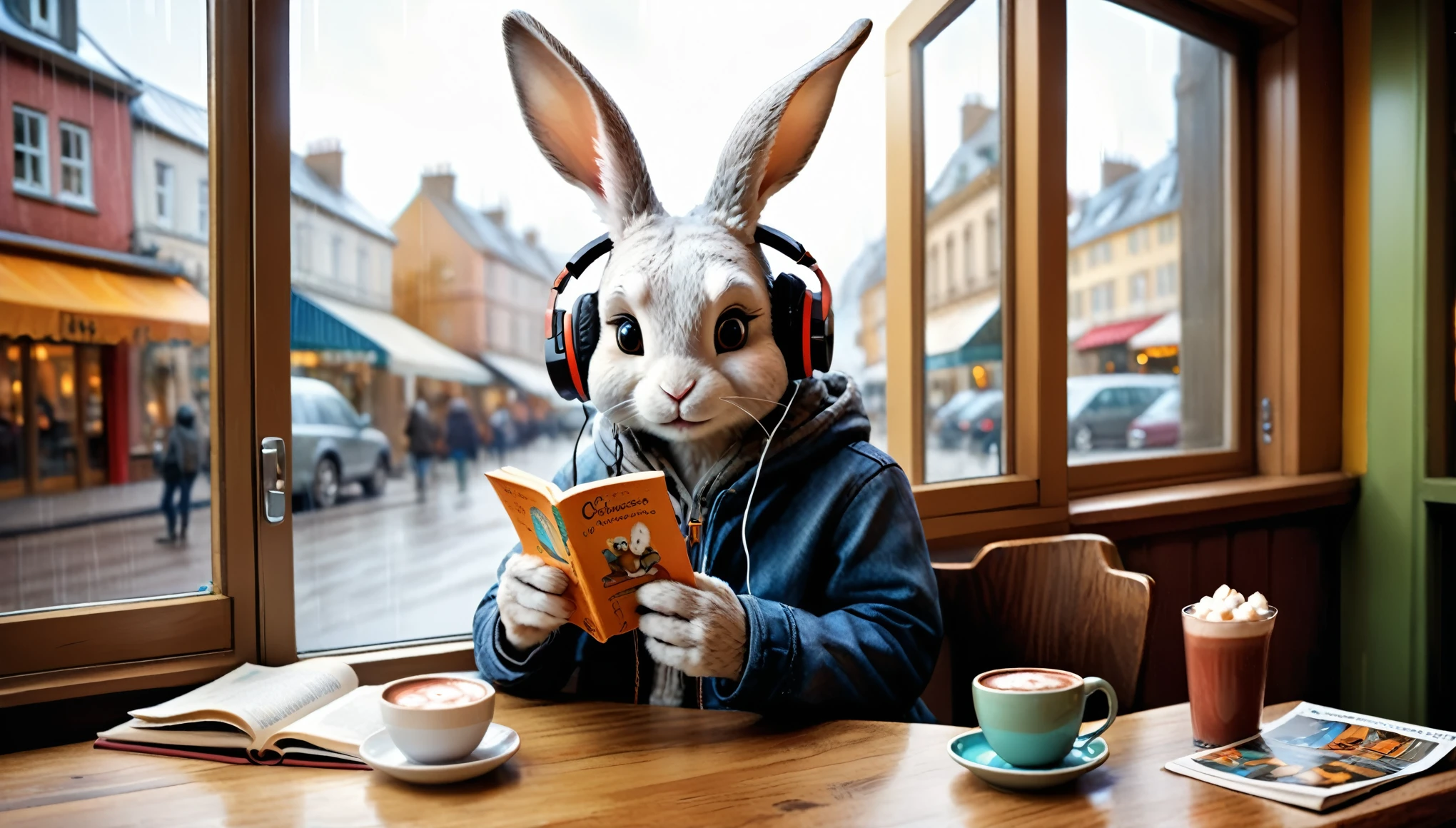 (photography film style), (((raining))), anthropomorphic, cute little rabbit, casual clothes, sitting by a window in a cafe, drinking hot chocolate, listening to music on headphones, (reading a book), 2D, colorful, warm atmosphere, glossy, Jean-Baptiste Monge style, Alan Lee style